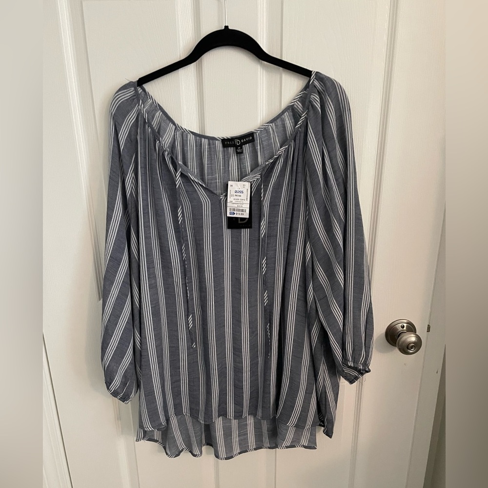 Navy and white striped long sleeve blouse with tie neck NWT SIZE 3X